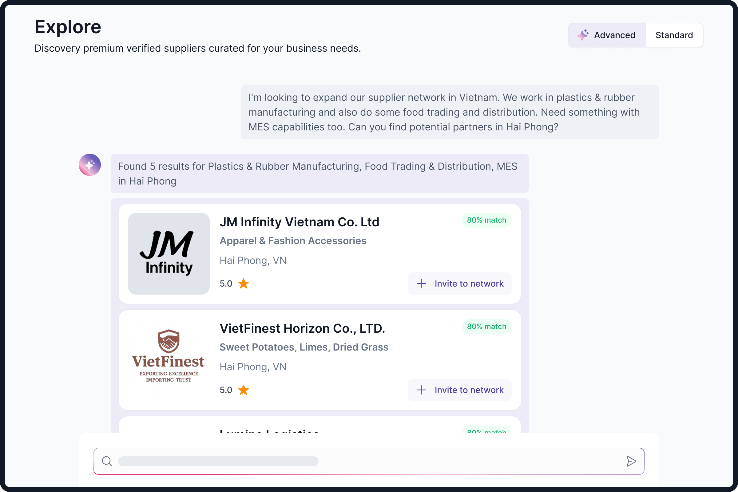 AI-powered supplier discovery interface helping businesses find verified suppliers based on industry, location, and business requirements.
