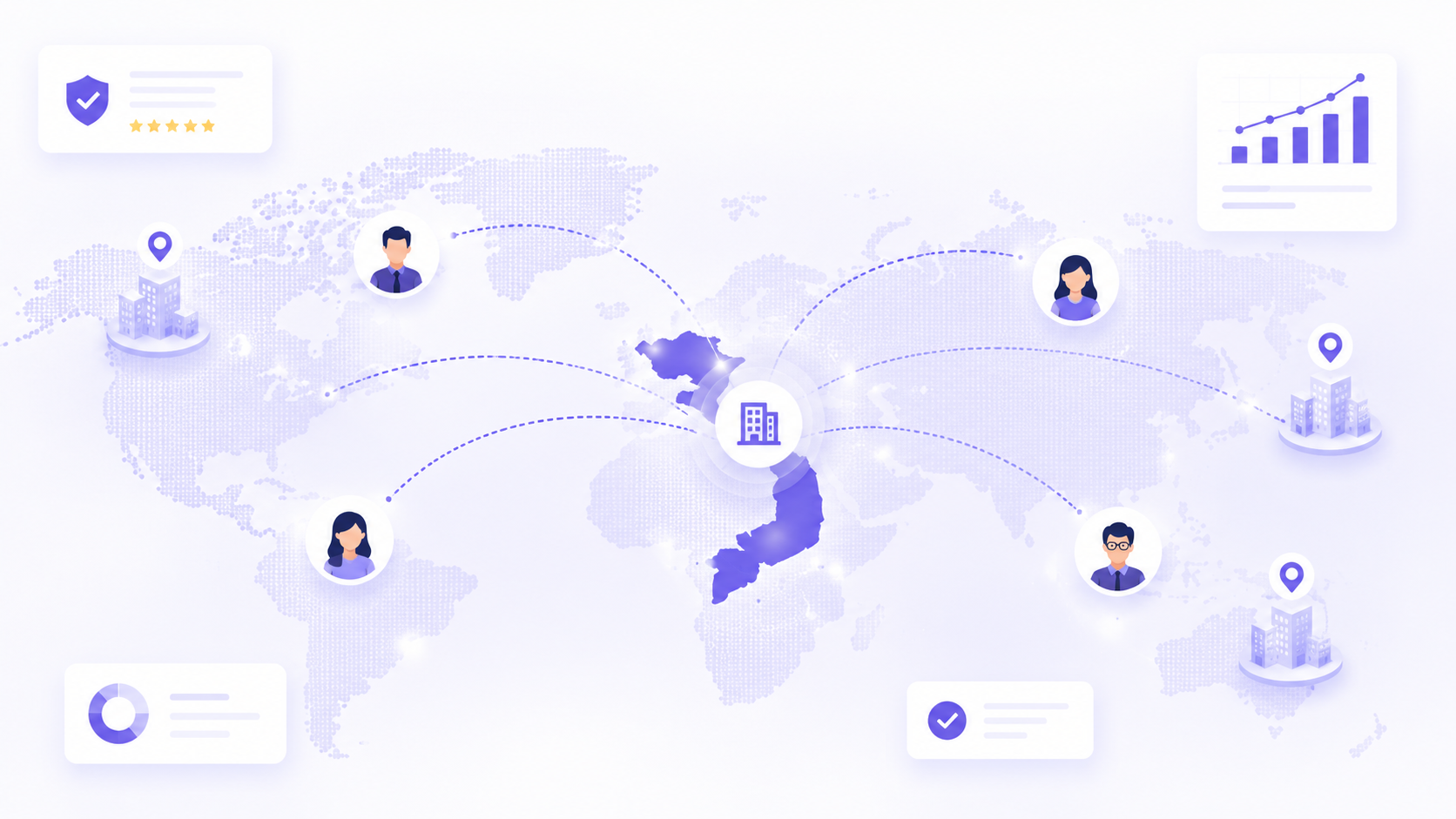 About Illustration of a global supplier network connecting businesses, verified suppliers, and procurement partners through a digital sourcing platform.