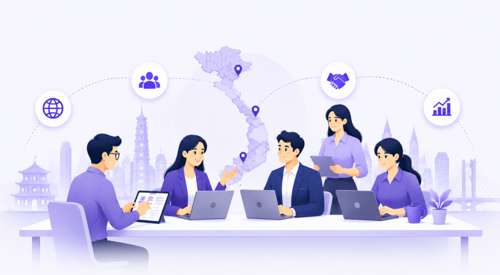 contact team of professionals collaborating on laptops to connect businesses and suppliers across Vietnam through a digital supplier network platform.
