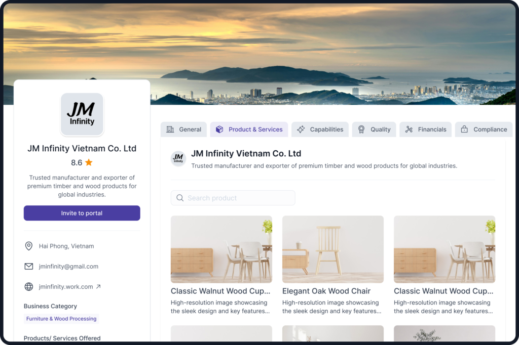 Supplier product catalog showcasing products and services within a supplier profile.