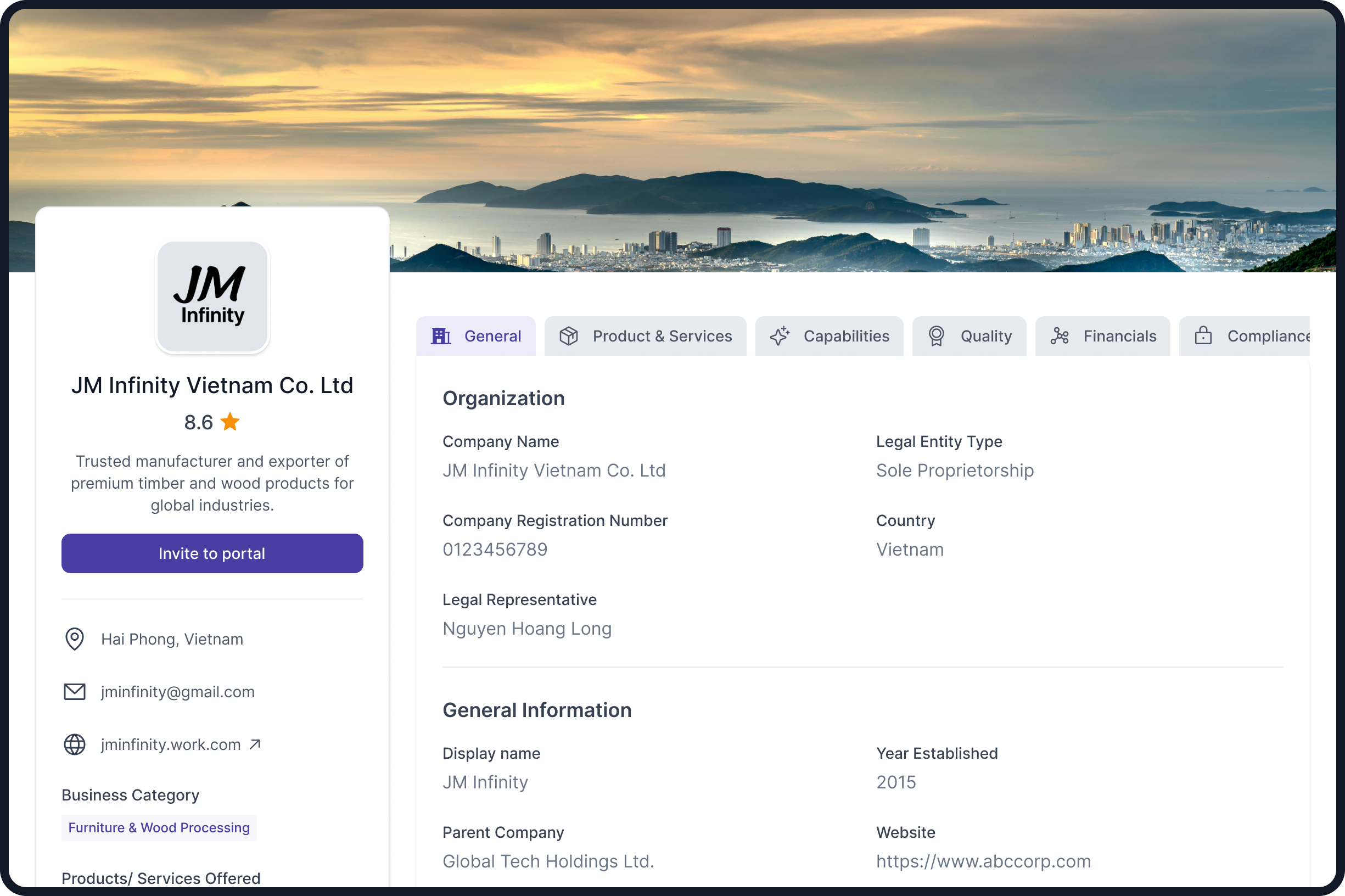 Supplier company profile featuring organization details, certifications, business information, and compliance documentation.