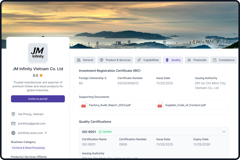Verified supplier profile dashboard displaying company information, quality certifications, and compliance documents on a supplier management platform.