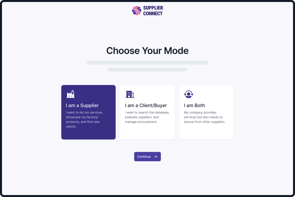 Supplier onboarding interface allowing businesses to register as a supplier, buyer, or both on a procurement platform.