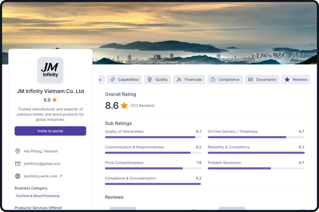Supplier profile displaying overall rating, detailed performance scores, customer reviews, and procurement evaluation metrics.
